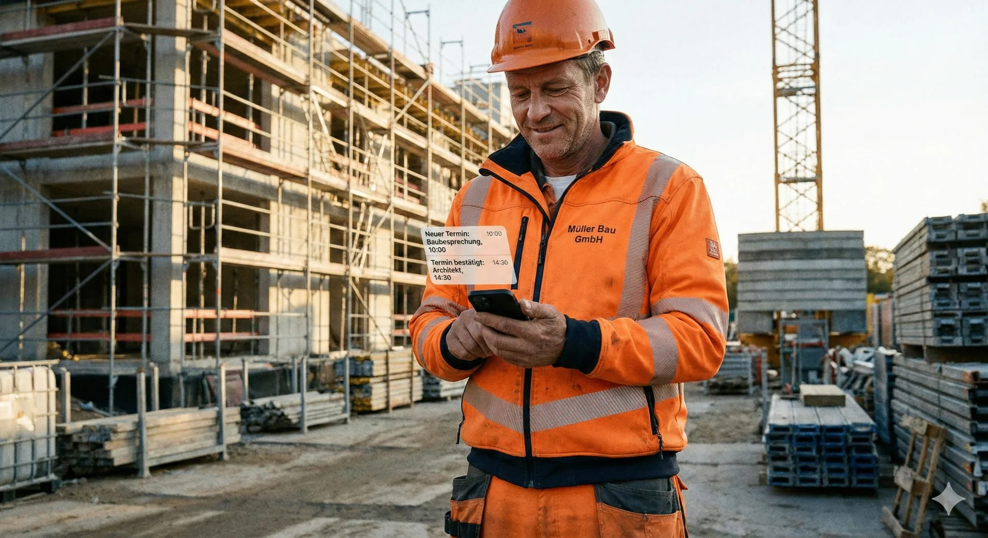 Bauleiter mit Smartphone auf der Baustelle — KI-Lösungen für den Alltag im Handwerk und Bau