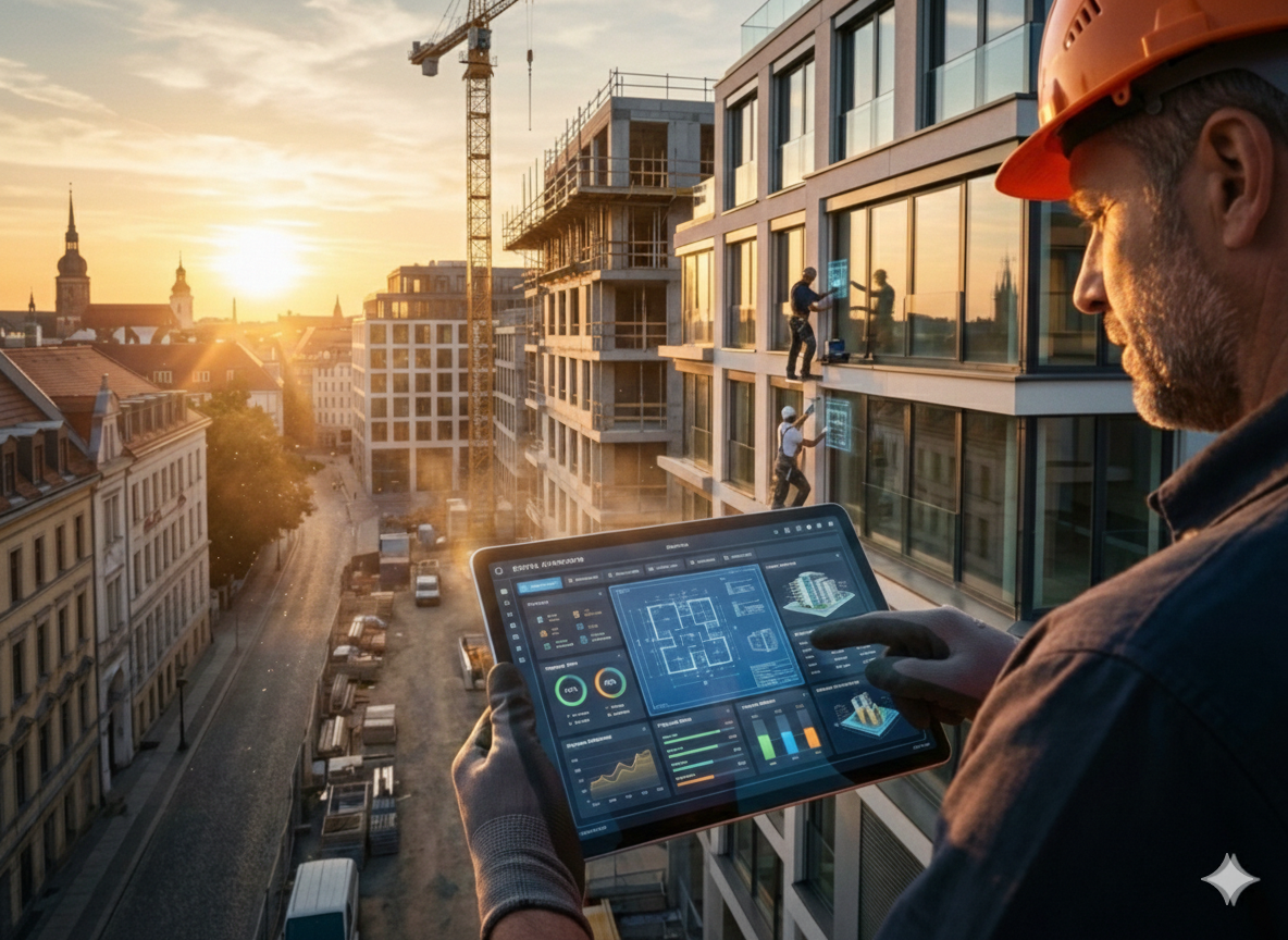 Bauleiter mit Tablet auf Baustelle vor Stadt-Skyline bei Sonnenaufgang