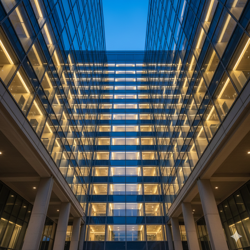 Glashochhaus-Atrium mit klarer Architektur — Sinnbild für Vertrauen und Transparenz
