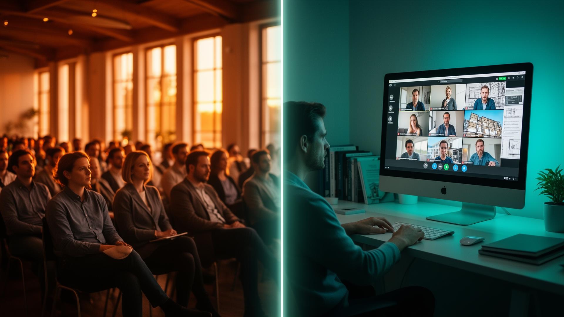Split-Screen: Live-Event mit Baubranchen-Community im Auditorium und Architekt, der online dazugeschaltet ist