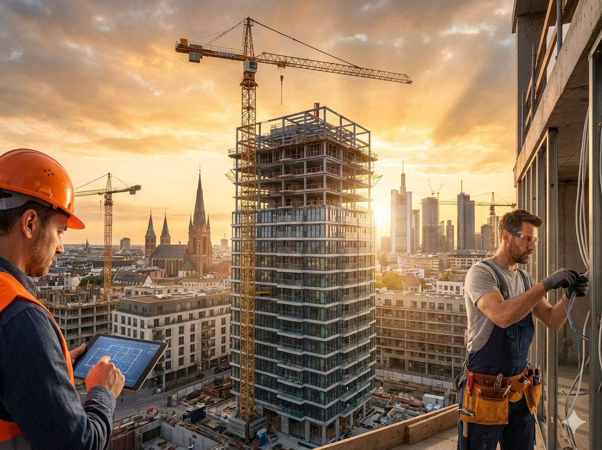 Hochhaus-Baustelle vor Stadt-Skyline — Symbol fuer Bau, Immobilien und SHK