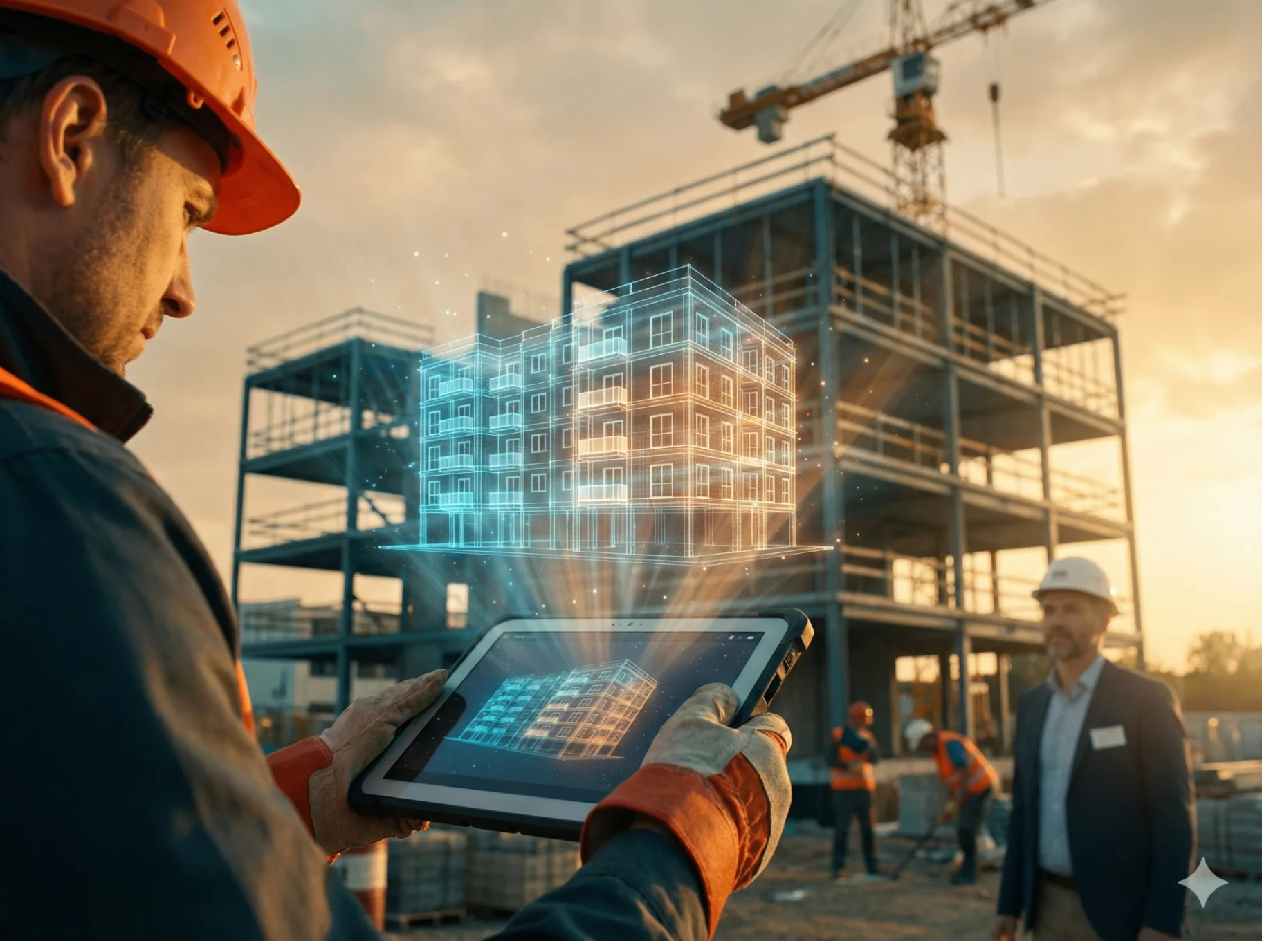 Bauleiter mit Tablet vor Baustelle, Hologramm-Visualisierung des Gebäudes