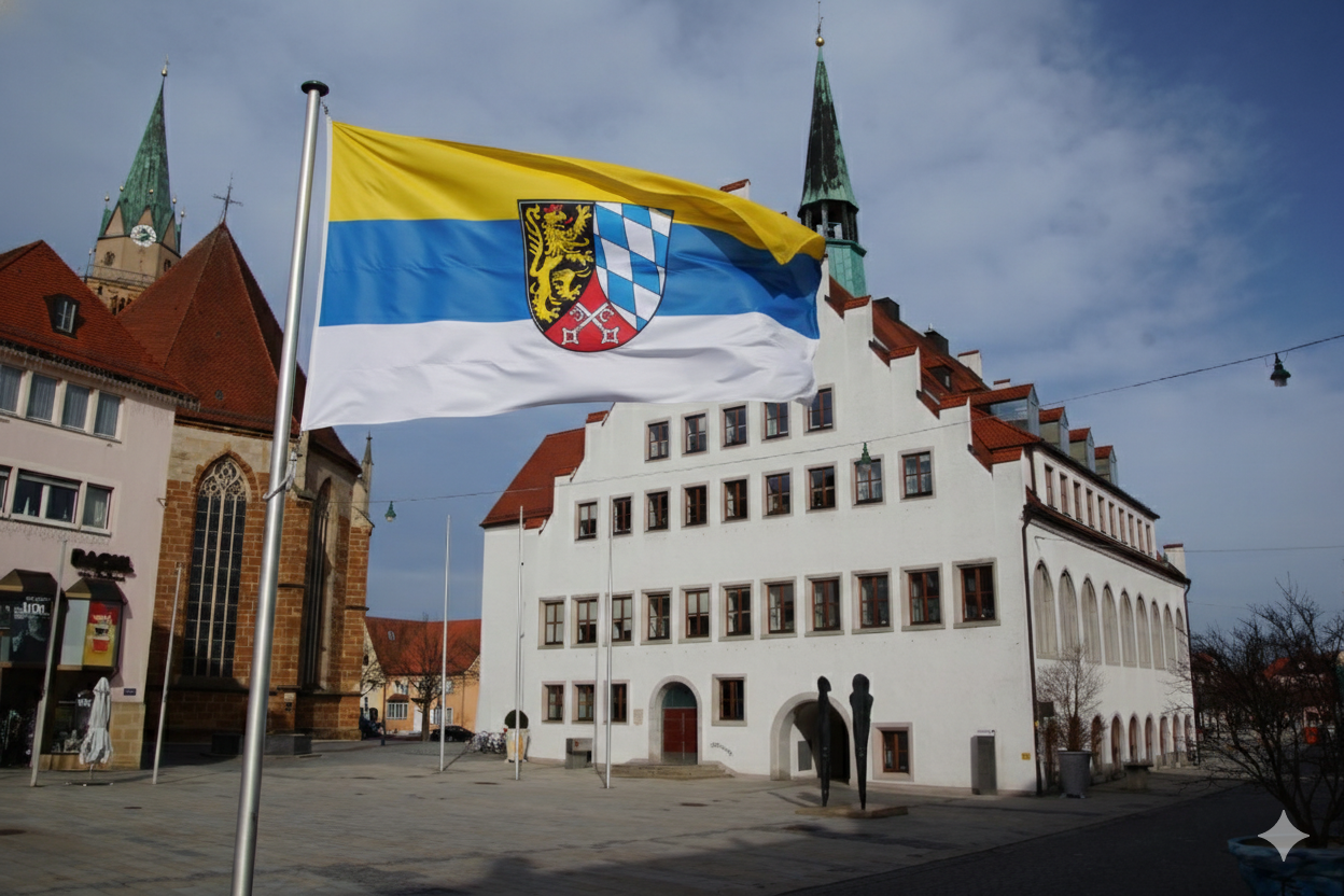 Bayerische Flagge vor dem historischen Rathaus in Neumarkt, Bayern