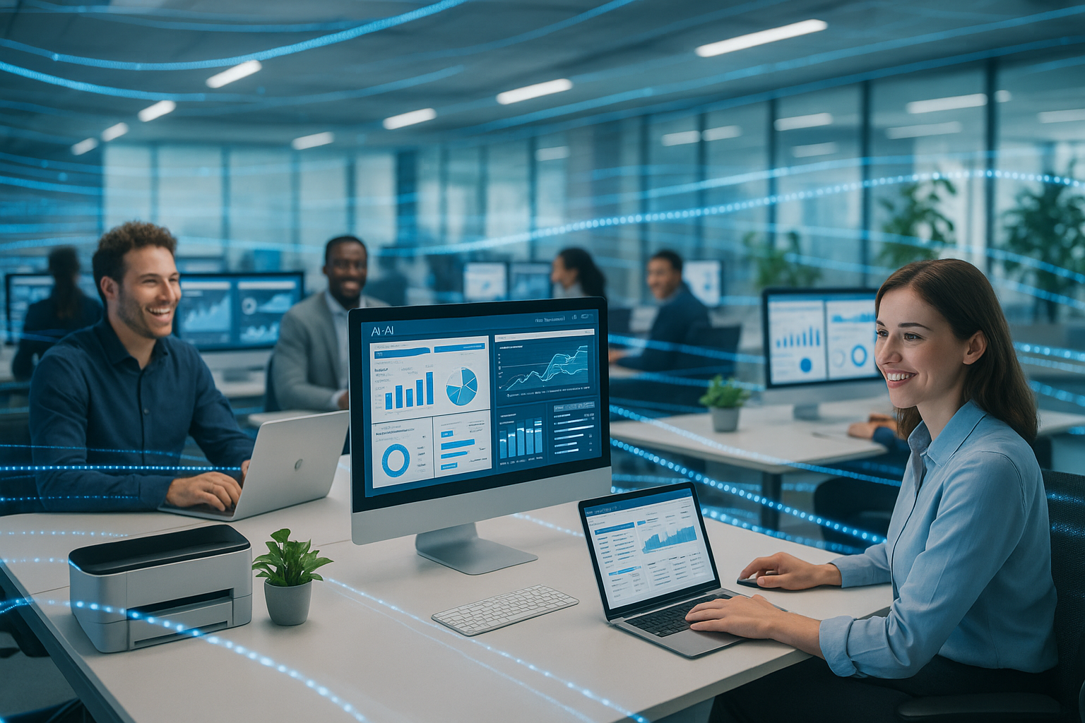 Modernes Büro mit KI-Dashboards