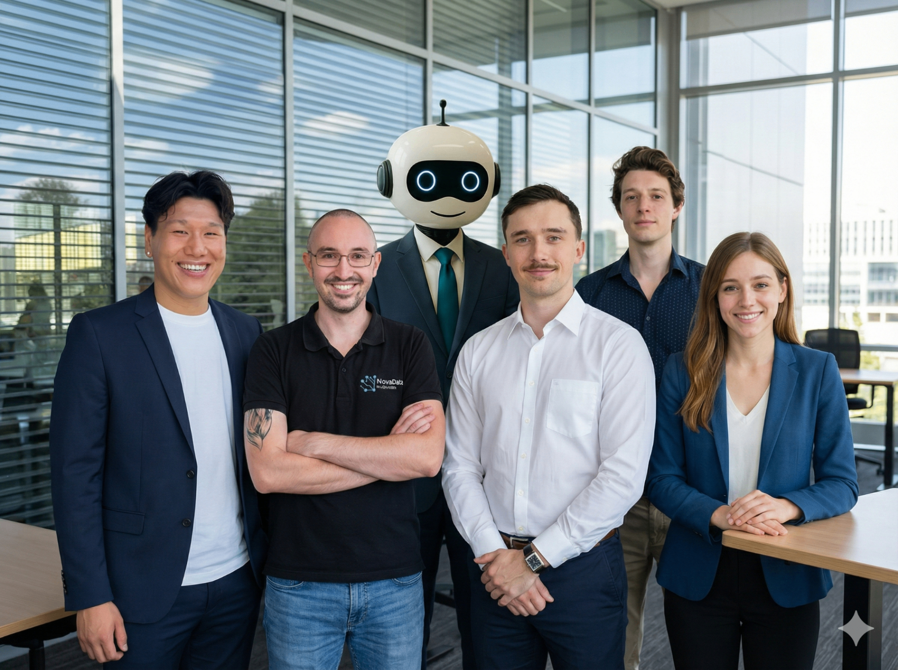Das NovaData-Team in einem modernen Büro mit großen Fensterfronten