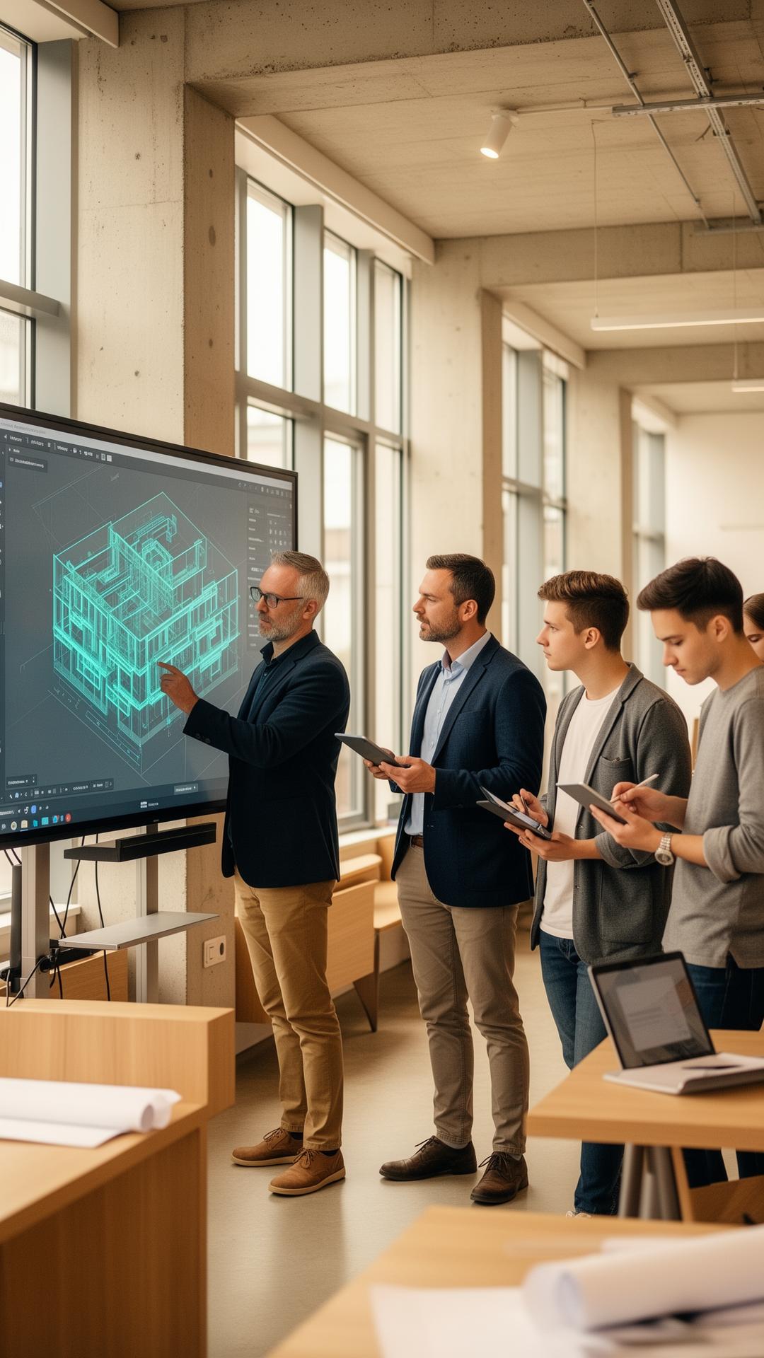Live-Workshop in modernem Co-Working Space — Architekt erklärt 3D-BIM-Modell auf Touchscreen