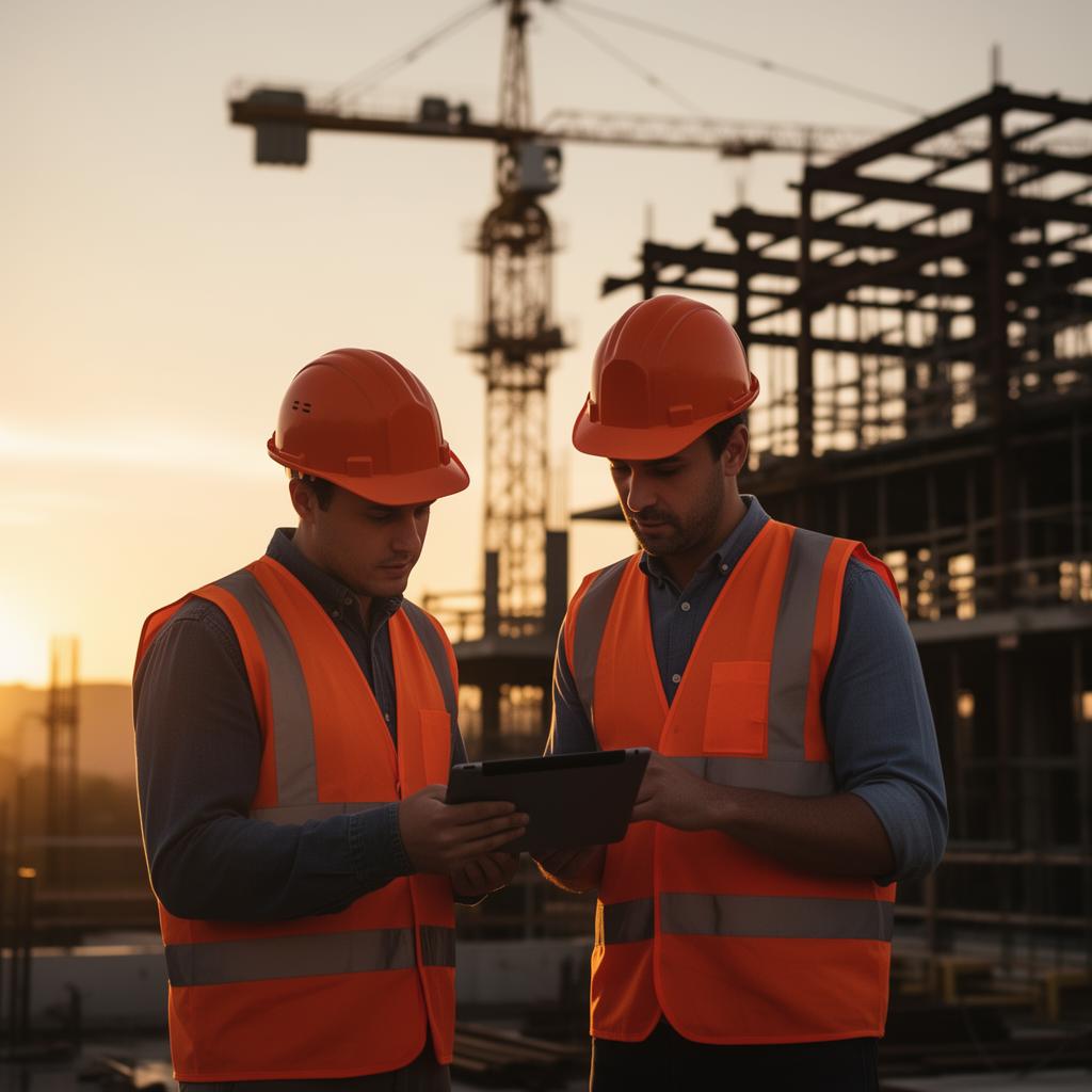 Bauarbeiter mit Tablet auf einer Baustelle