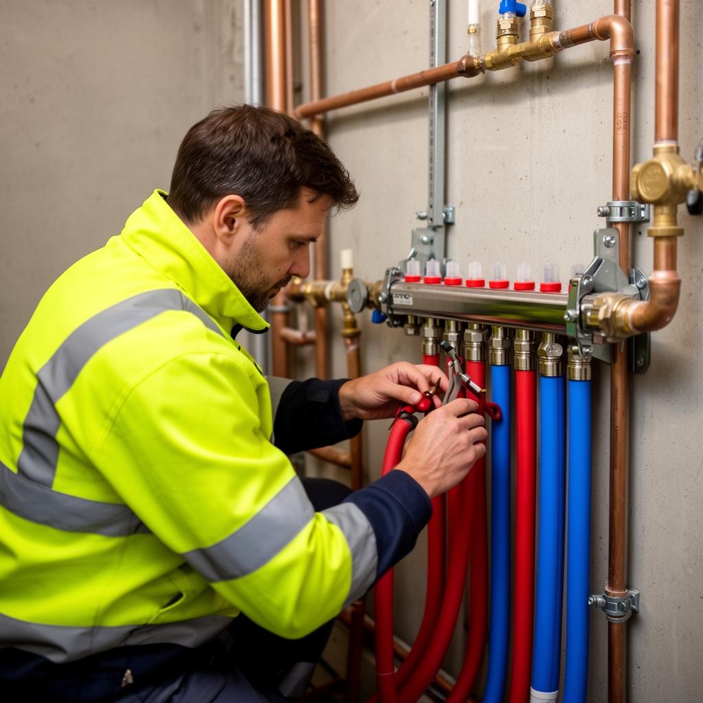 SHK-Handwerker bei der Installation einer Heizungsanlage