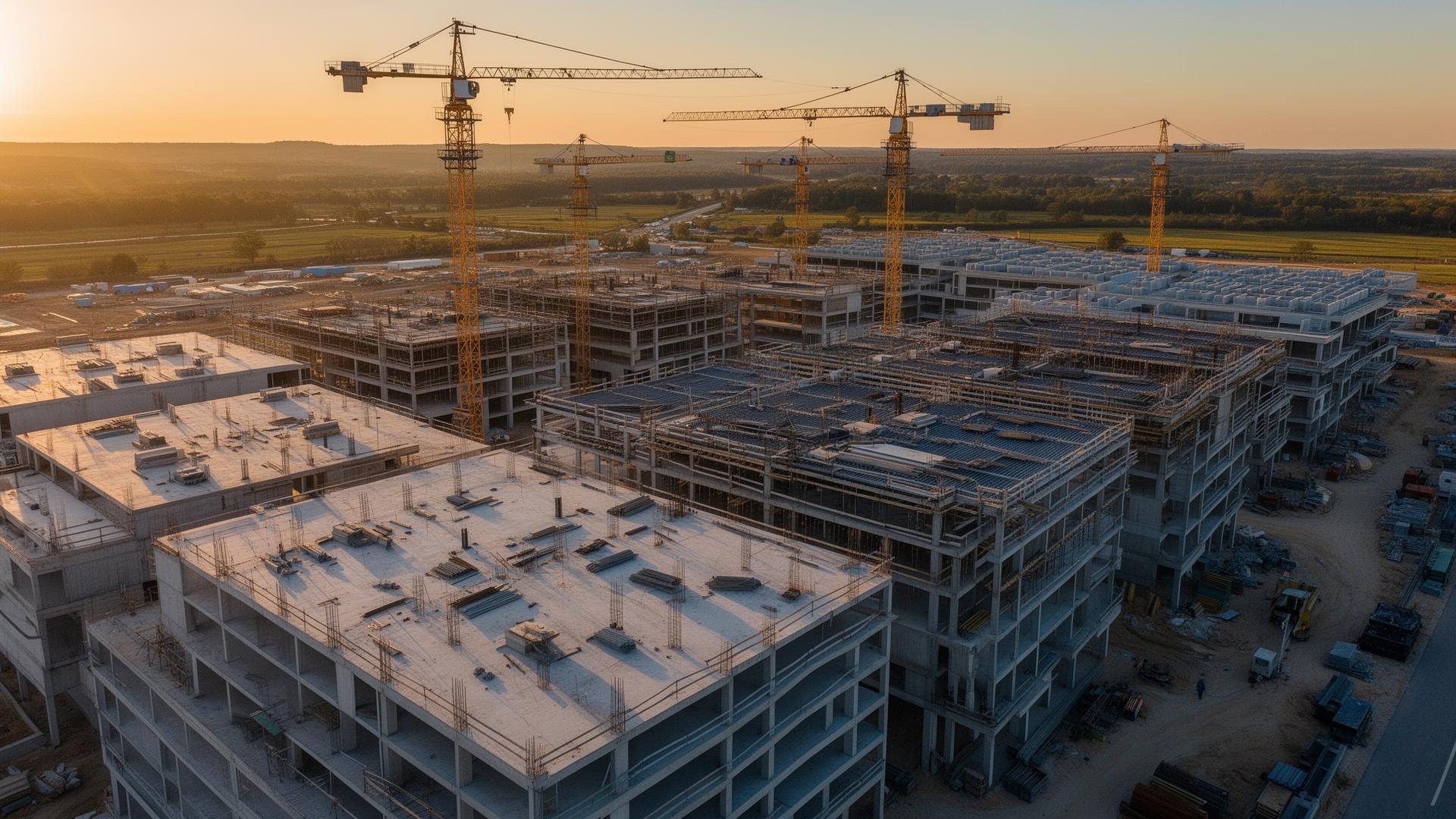 Moderne Großbaustelle aus der Vogelperspektive im warmen Abendlicht