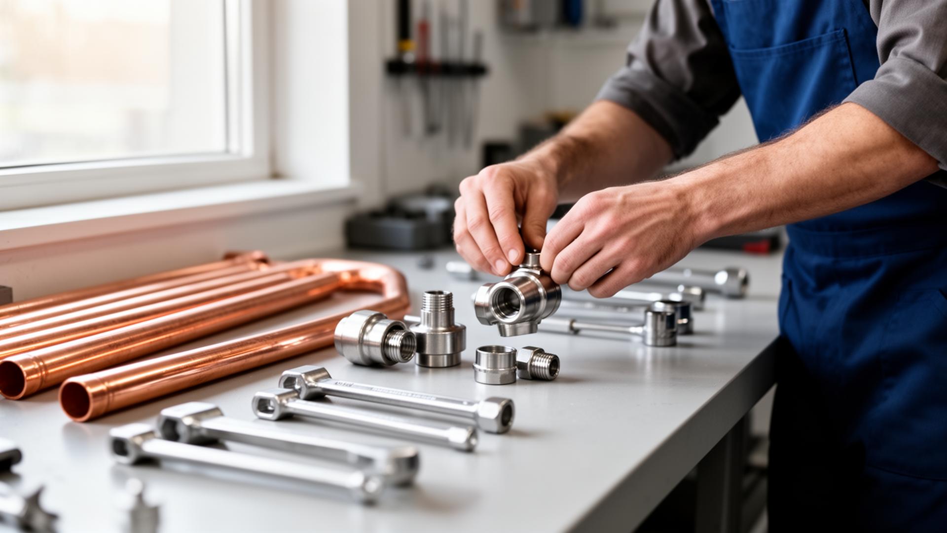 Professioneller Handwerker bei präziser Arbeit in moderner SHK-Werkstatt