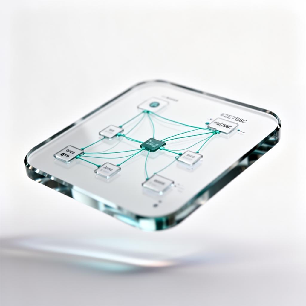 Detailansicht eines agentOS-Workflows als Glas-Knotengrafik mit teal Verbindungen