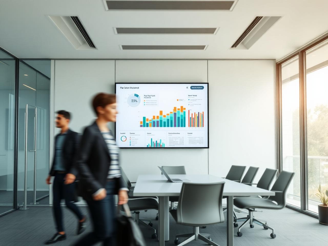 Modernes Großraumbüro mit Live-KPI-Dashboard auf Wandbildschirm