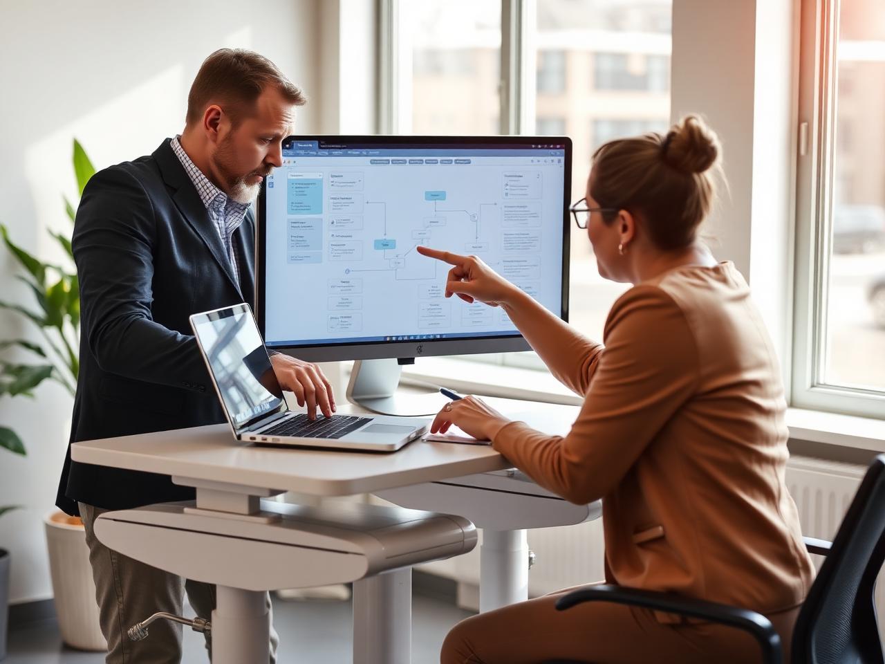 Zwei Kolleg:innen am Stehtisch beim Konfigurieren eines Workflows