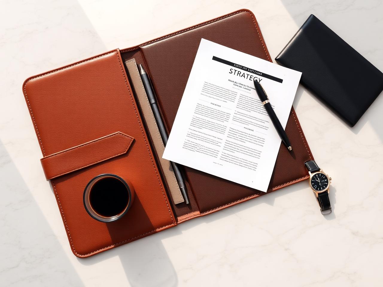 Leder-Portfolio mit Strategie-Dokument, Füller und Espresso