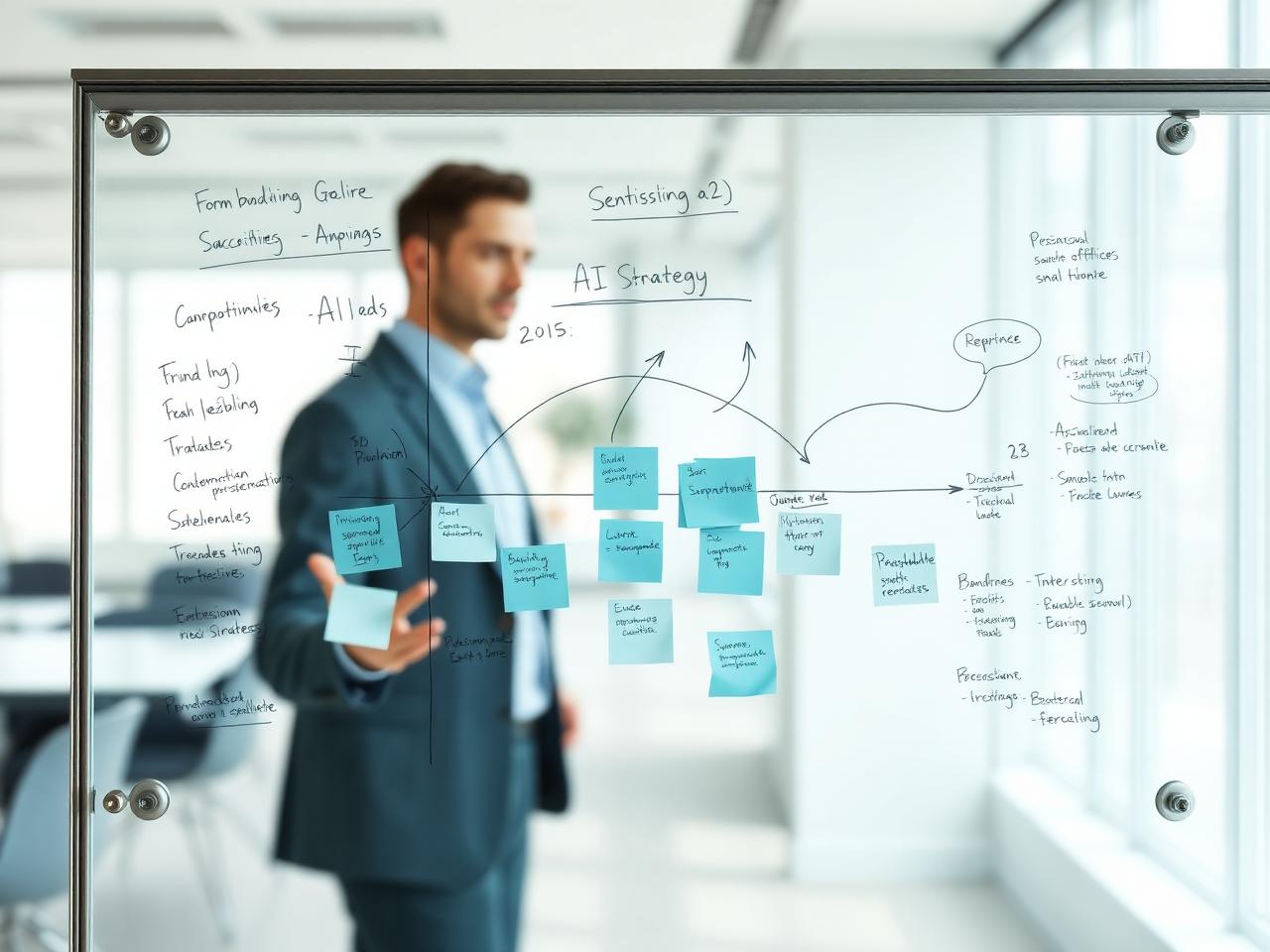 Glas-Whiteboard mit handgezeichneter KI-Strategie und Post-its