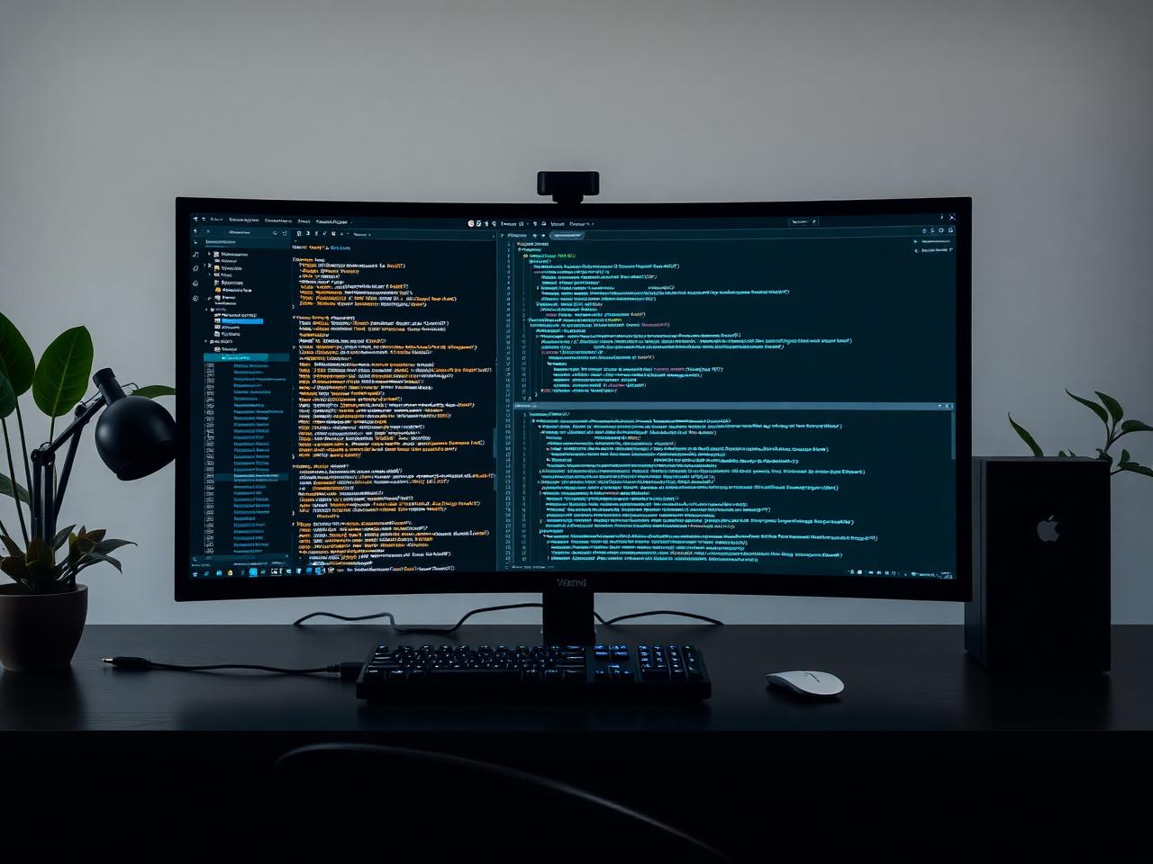 Entwickler-Workstation mit Ultrawide-Monitor und Code-Editor