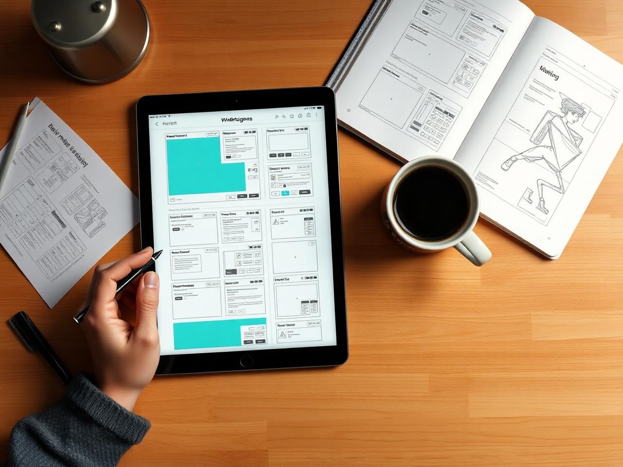 Tablet mit Wireframes, Sketchbook und Kaffee auf Holzschreibtisch