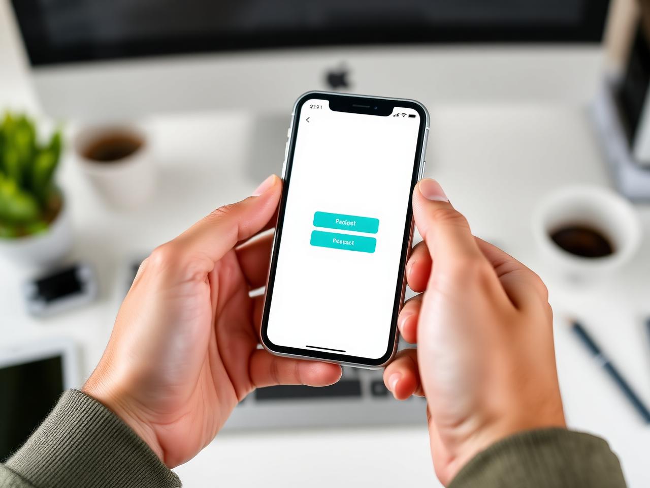 Hände halten Smartphone mit Custom-App-Interface in Teal