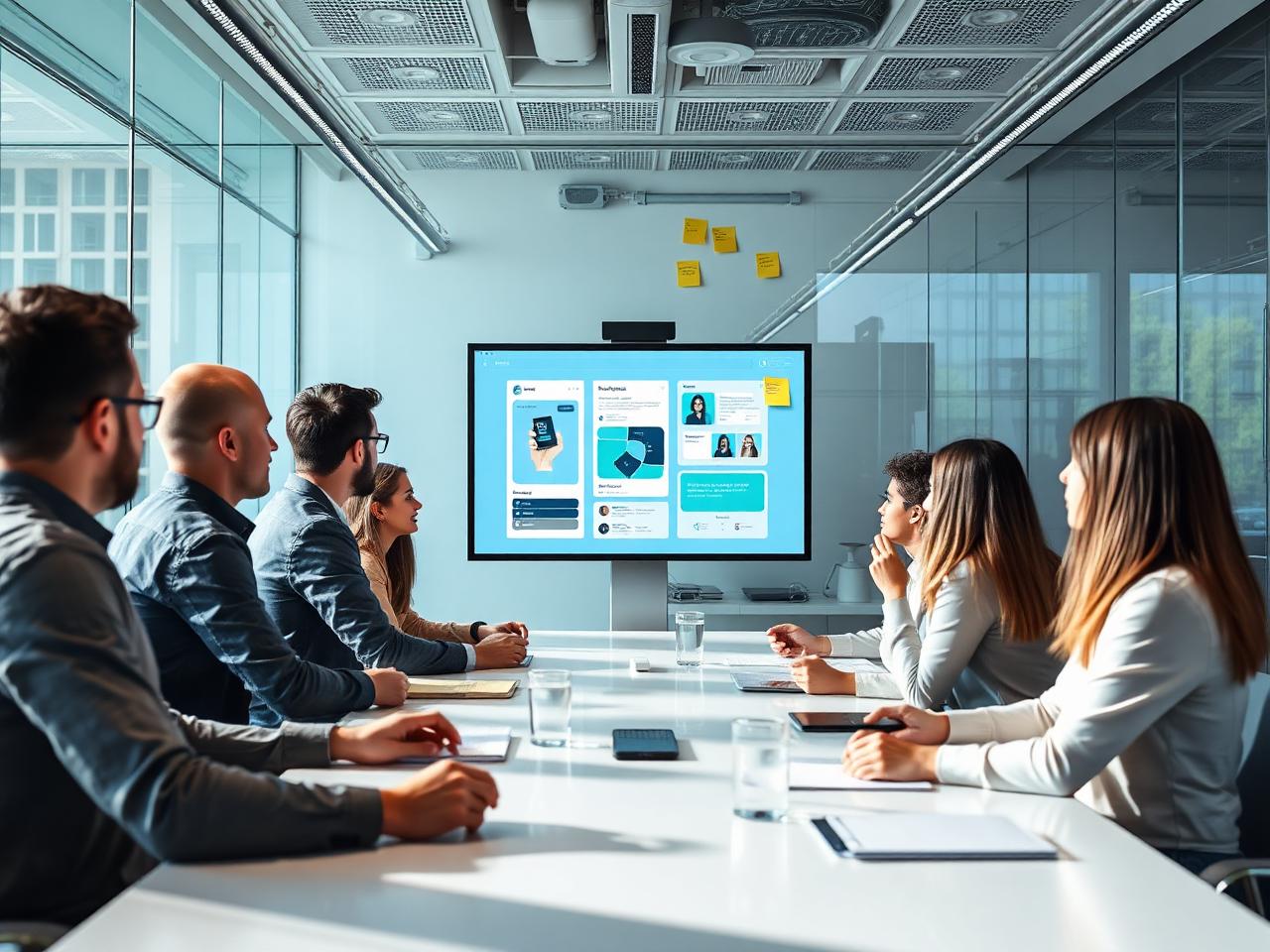 Produkt-Team im Glas-Meeting-Raum vor Bildschirm mit App-Mockups