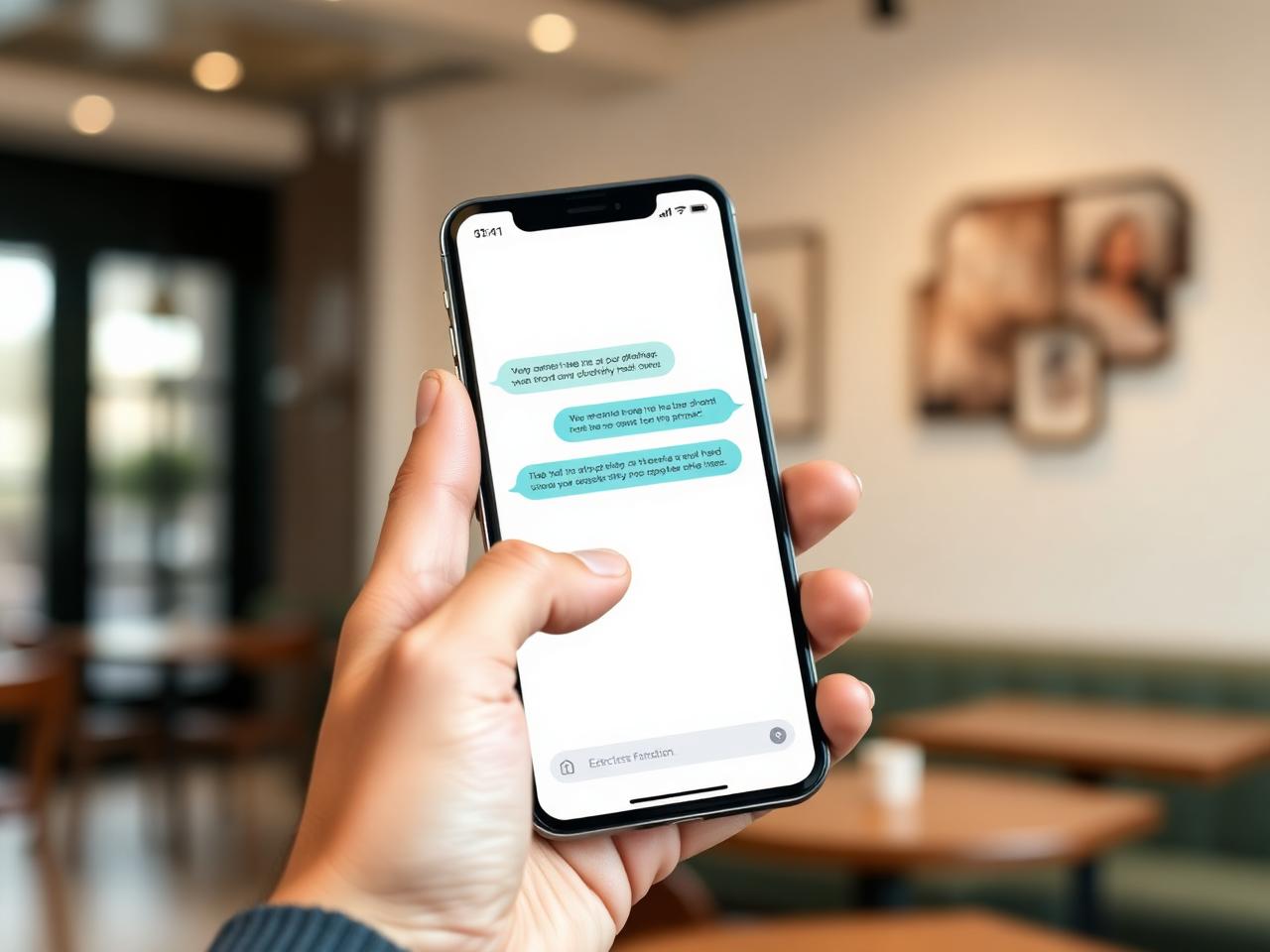 Hand hält Smartphone mit modernem Chat-Interface mit Teal-Bubbles