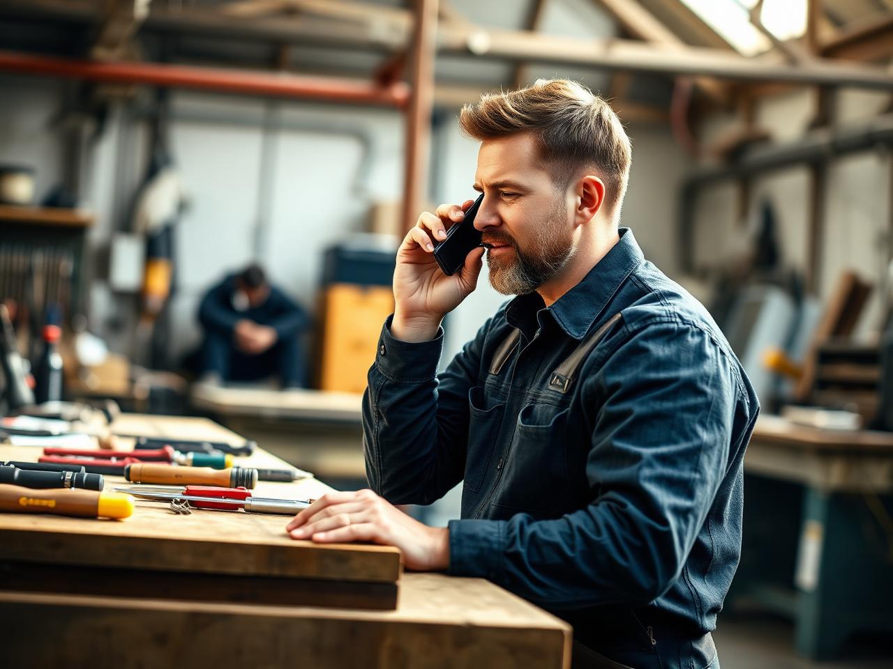 Handwerker telefoniert in der Werkstatt