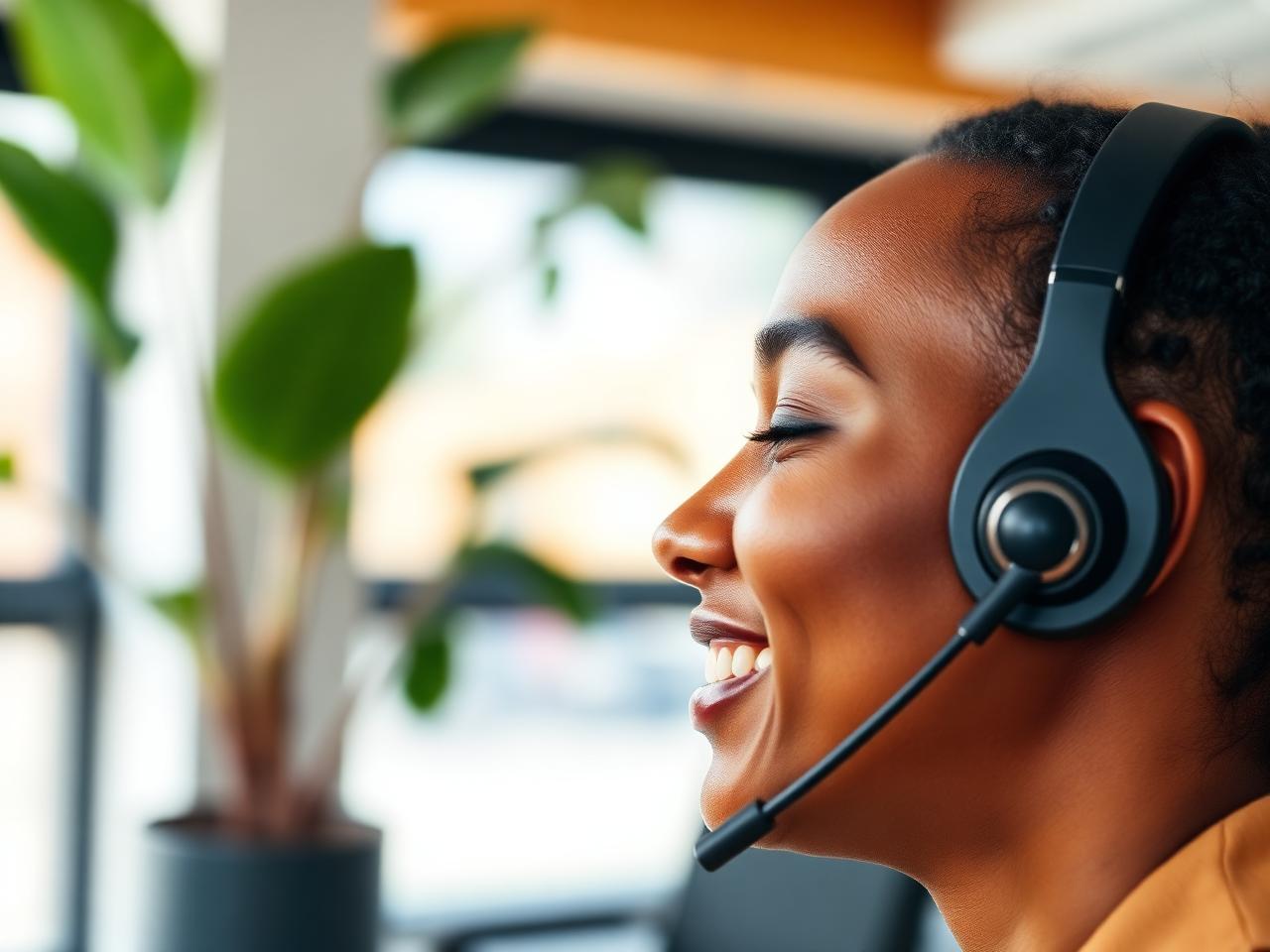 Person mit Premium-Headset lächelt während eines Telefonats