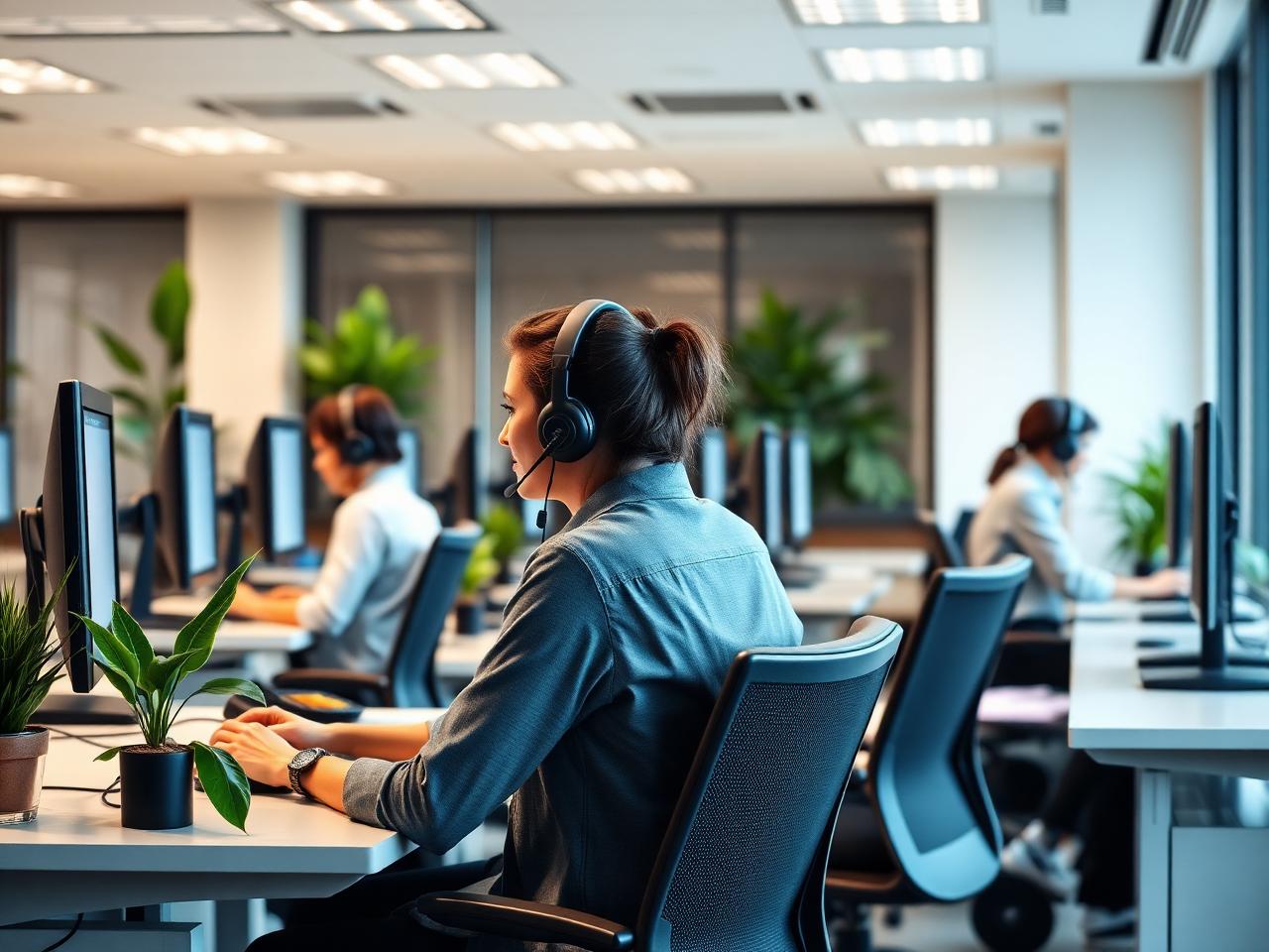 Modernes Service-Team mit Headsets in heller Office-Umgebung