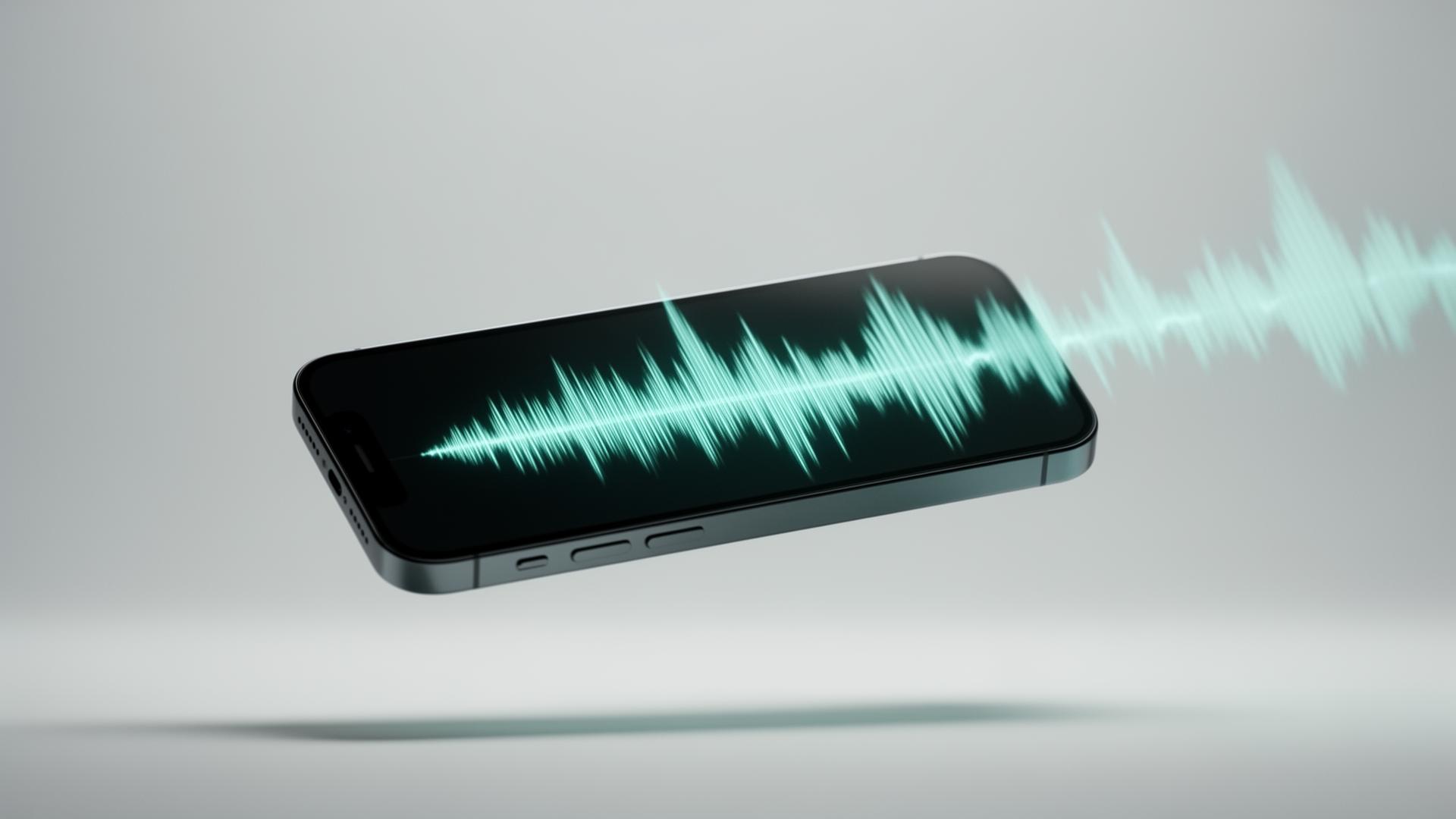 Smartphone mit leuchtender teal Voice-Waveform — KI-Telefonassistent in Aktion