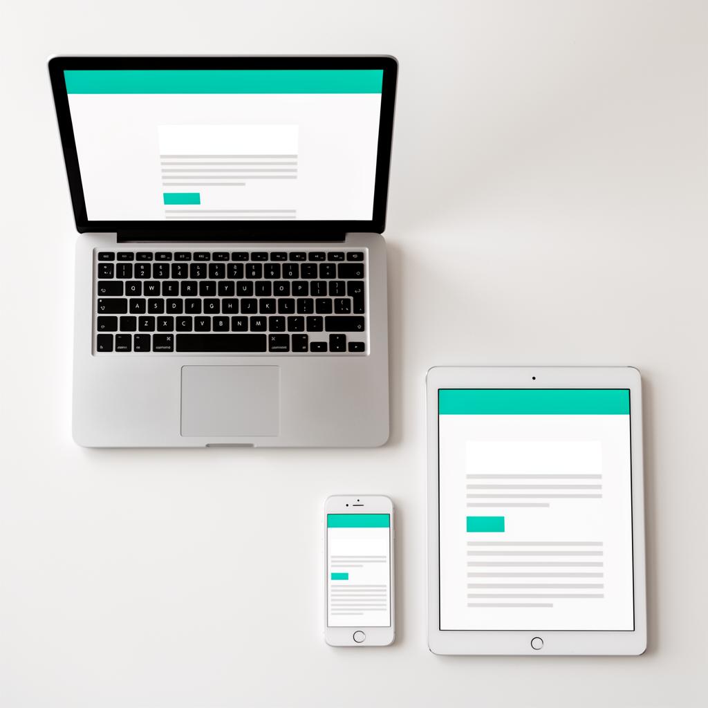 Laptop, Tablet und Smartphone mit konsistentem Webdesign-System in Teal und Weiß