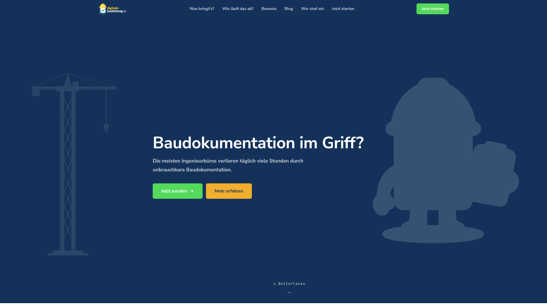 Startseite digitale-bauleitung.de mit Headline Baudokumentation im Griff