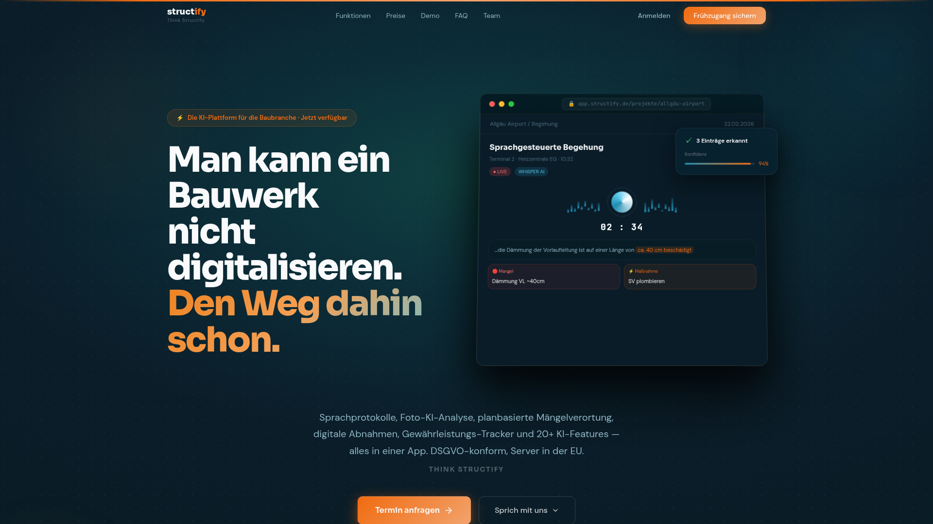 Startseite structify.solutions mit Headline Man kann ein Bauwerk nicht digitalisieren