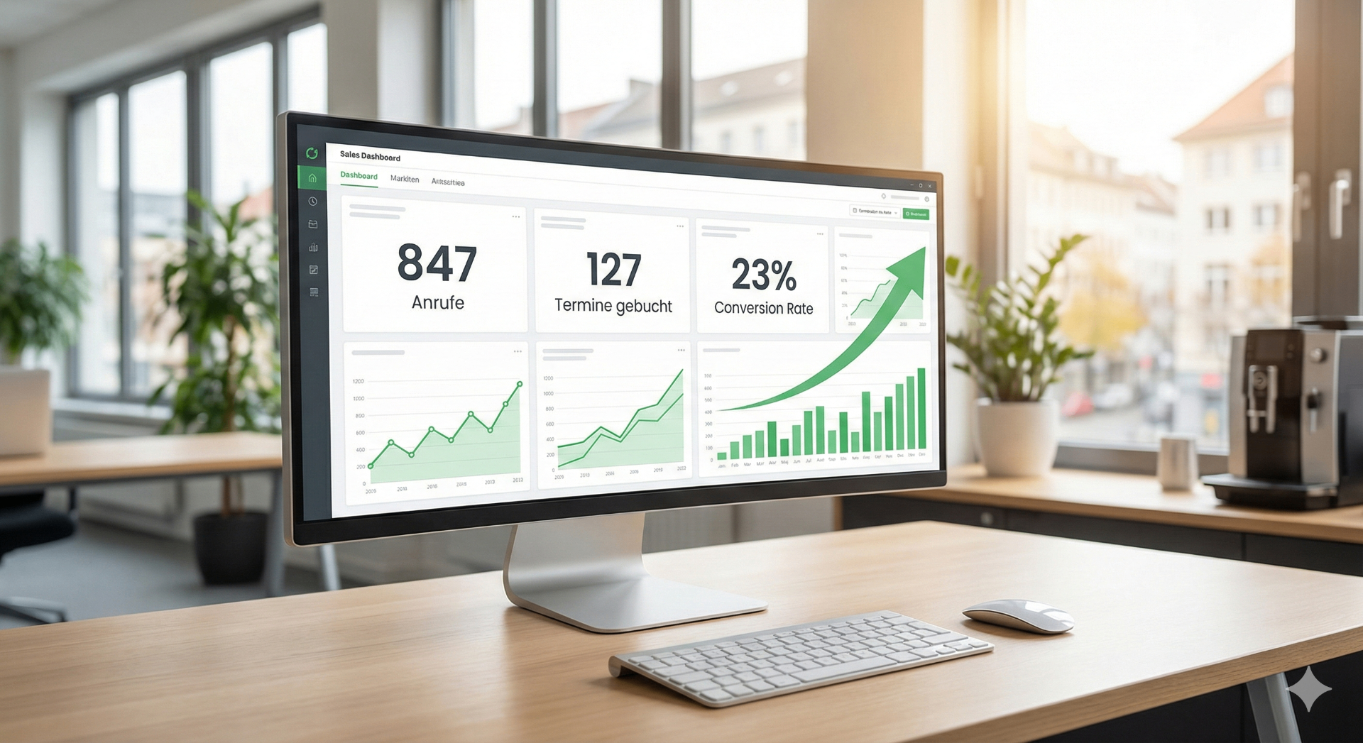 Sales-Dashboard auf Monitor in hellem Büro mit Conversion-Metriken