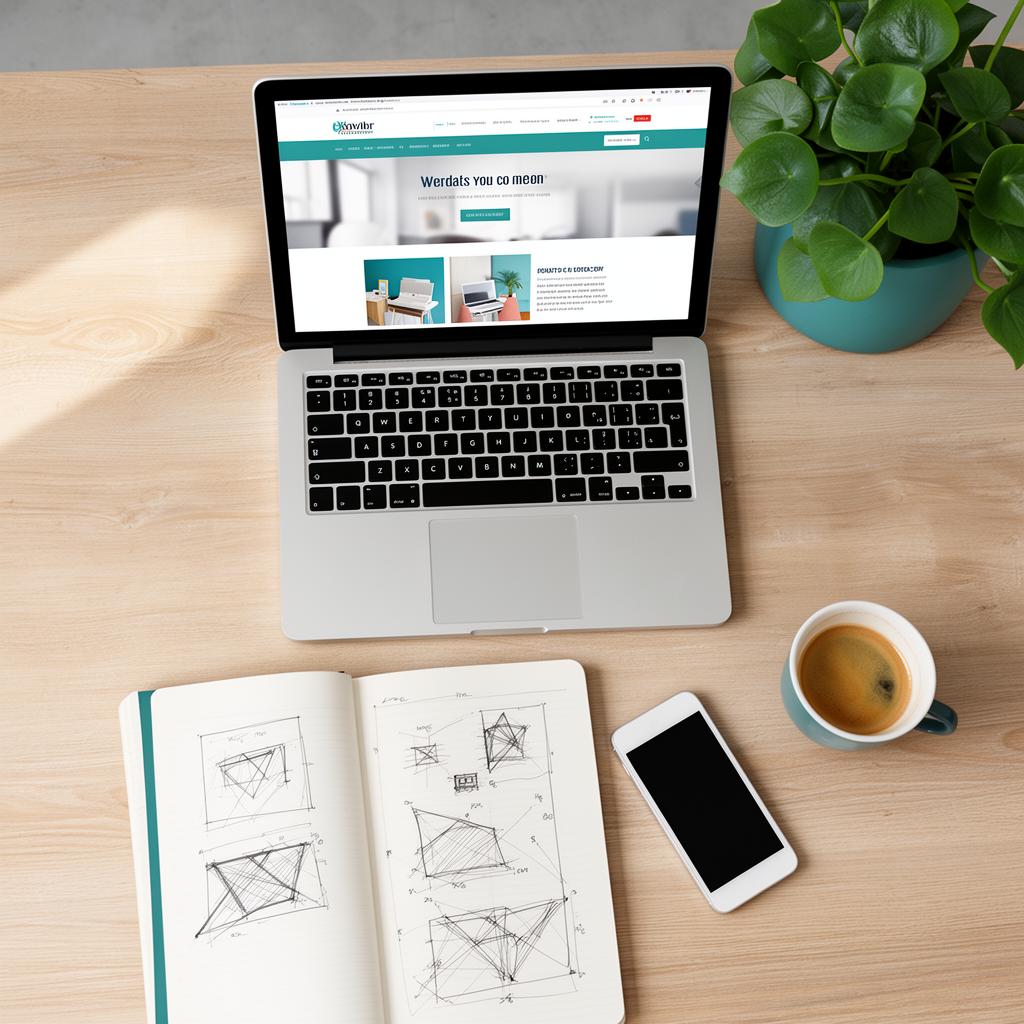 Designer-Schreibtisch mit Laptop, Notizbuch und Espresso